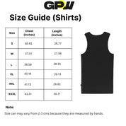 Size guide for GPW Slimfit Training Top with chest,and length measurements.