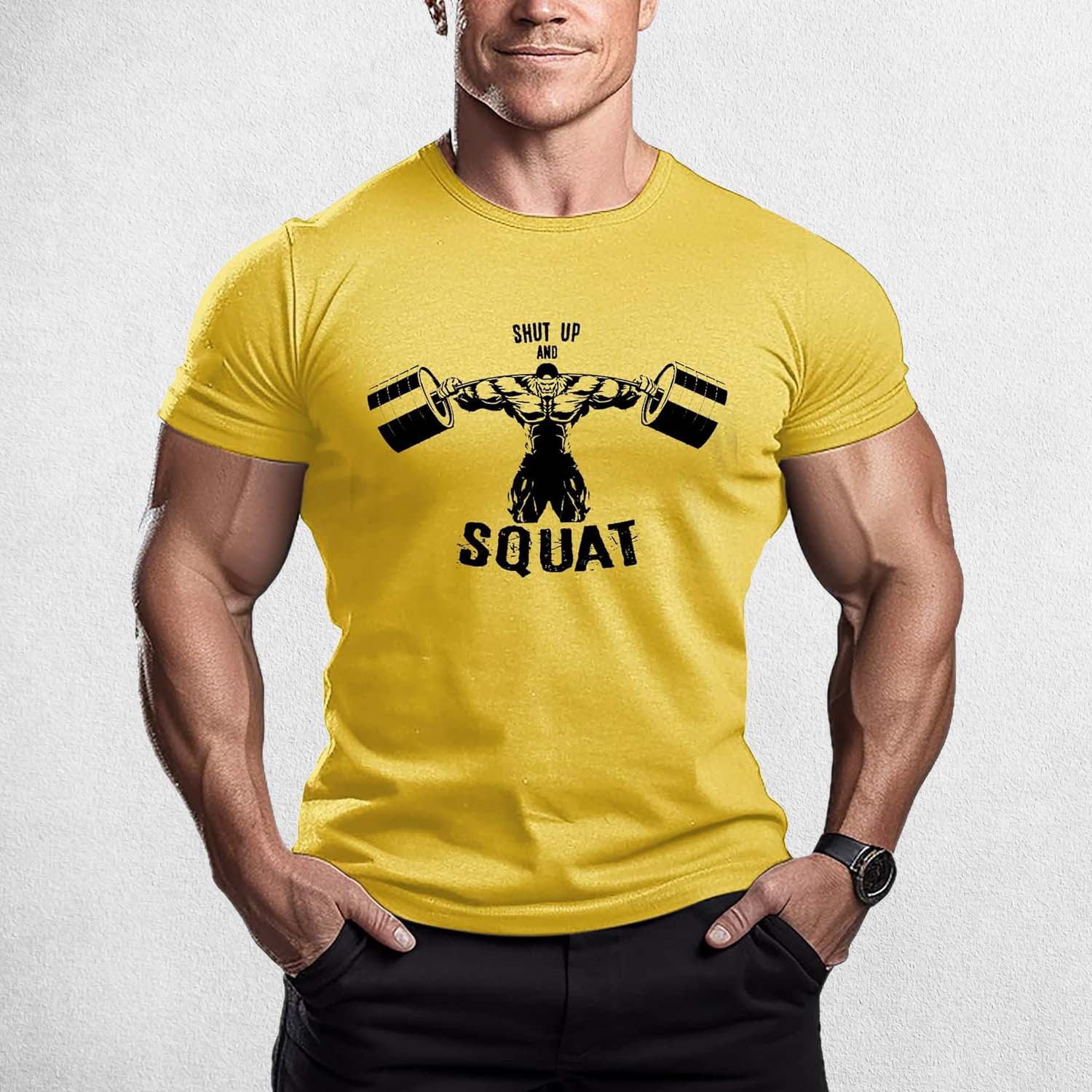 Front View of Model Wearing yellow Muscle Men's Gym T-Shirt – 3D Printed, Short Sleeve, Sporty Workout & Casual Tee