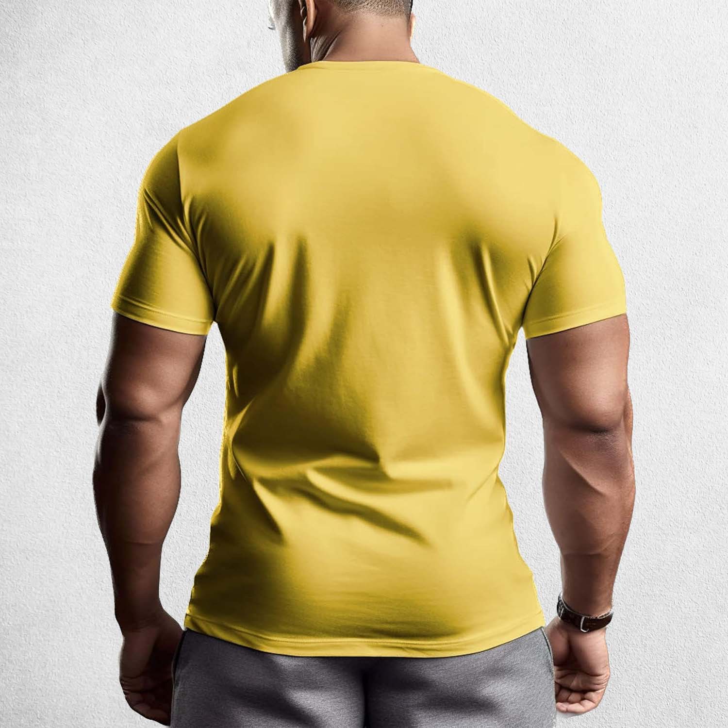 Back View of Model Wearing yellow Muscle Men's Gym T-Shirt – 3D Printed, Short Sleeve, Sporty Workout & Casual Tee