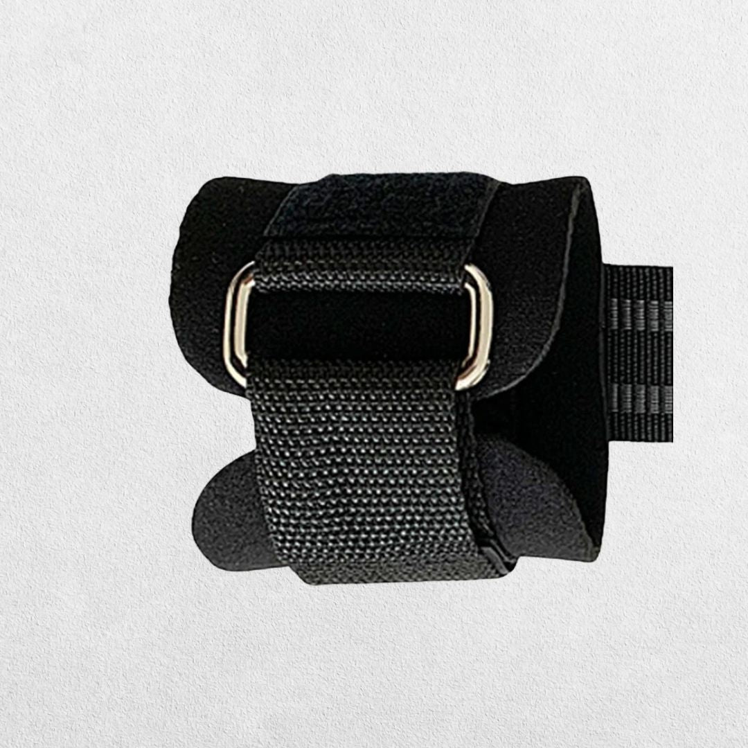 Black Adjustable weight lifting wrist straps with reinforced stitching and durable material.