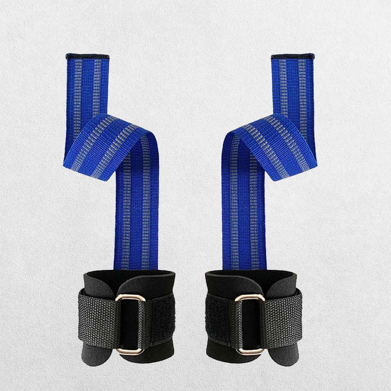 Blue Adjustable weight lifting wrist straps with reinforced stitching and durable material.