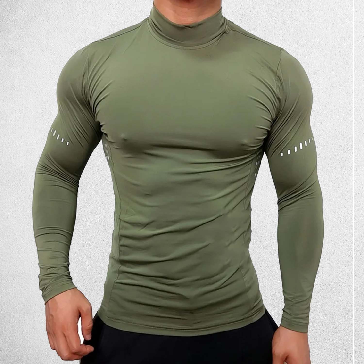 Front view of model wearing Army Green Men’s Long Sleeve Compression Shirt – Quick-Dry Athletic Training Tee