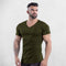 Front View of Model Wearing Army Green Men’s Slim-Fit Cotton Gym T-Shirt – V-Neck Short Sleeve Workout & Bodybuilding Tee