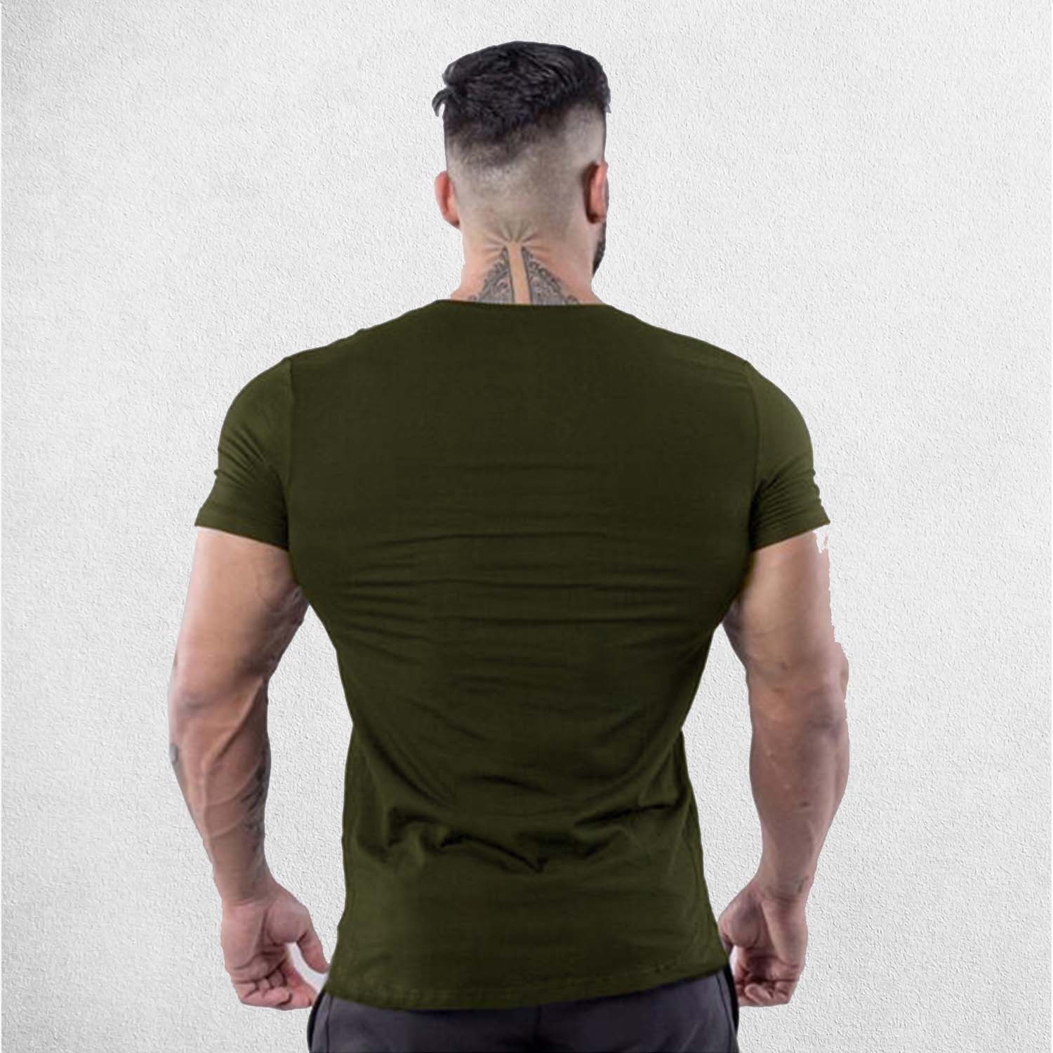 Back View of Model Wearing Army Green Men’s Slim-Fit Cotton Gym T-Shirt – V-Neck Short Sleeve Workout & Bodybuilding Tee