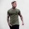 Front View of Model Wearing  Army Green Men’s V-Neck Slim Fit Gym T-Shirt – Breathable, Muscle-Enhancing Cotton Tee for Training & Casual Wear