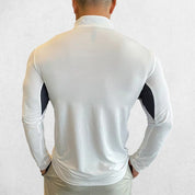 Back Pose of Model wearing White Men's Activewear Sweat-Wicking High Collar Compression Top with Long Sleeves