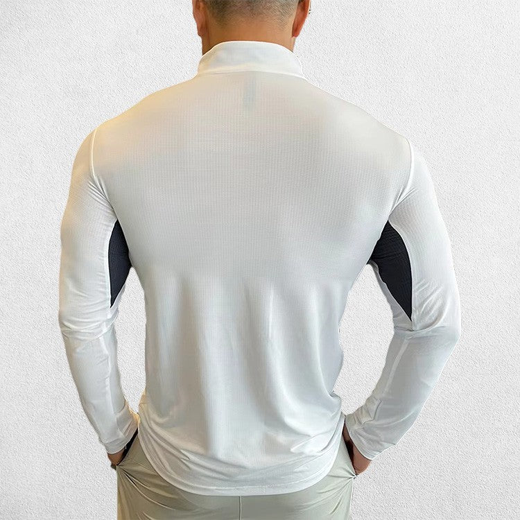 Back Pose of Model wearing White Men's Activewear Sweat-Wicking High Collar Compression Top with Long Sleeves