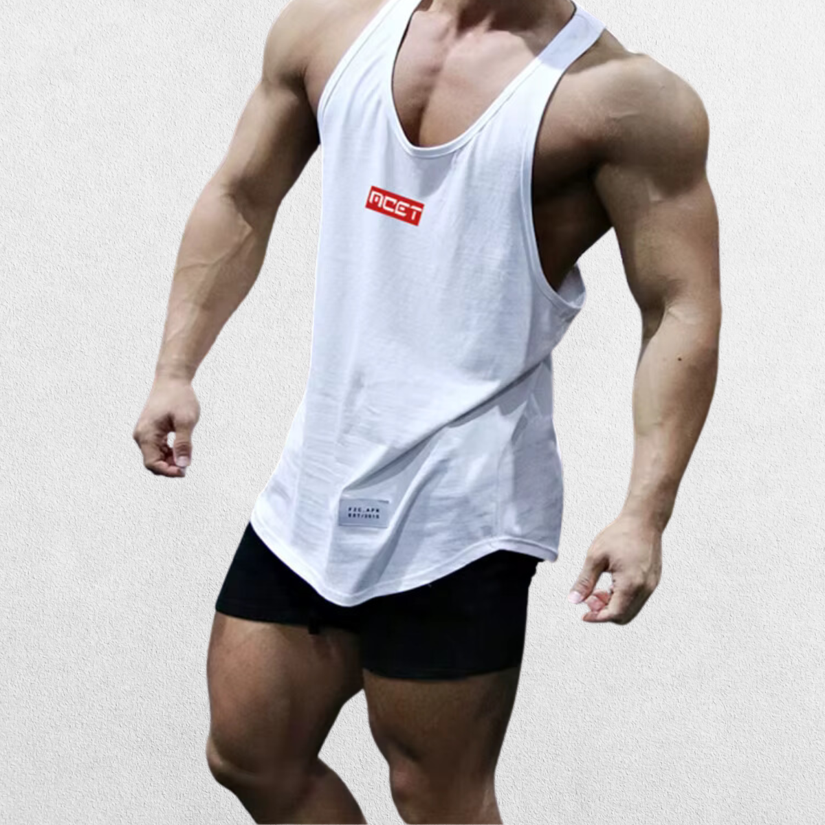 Back view of the GPW Athletic Gym Tank for Men in white, featuring a racerback cut and breathable fabric against a plain studio background.
