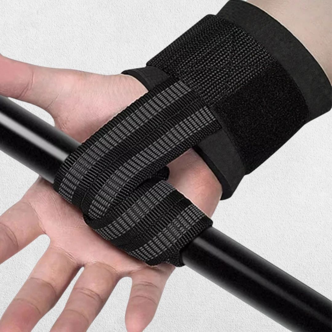 Black Wrist straps increasing grip strength for a more stable lift.
