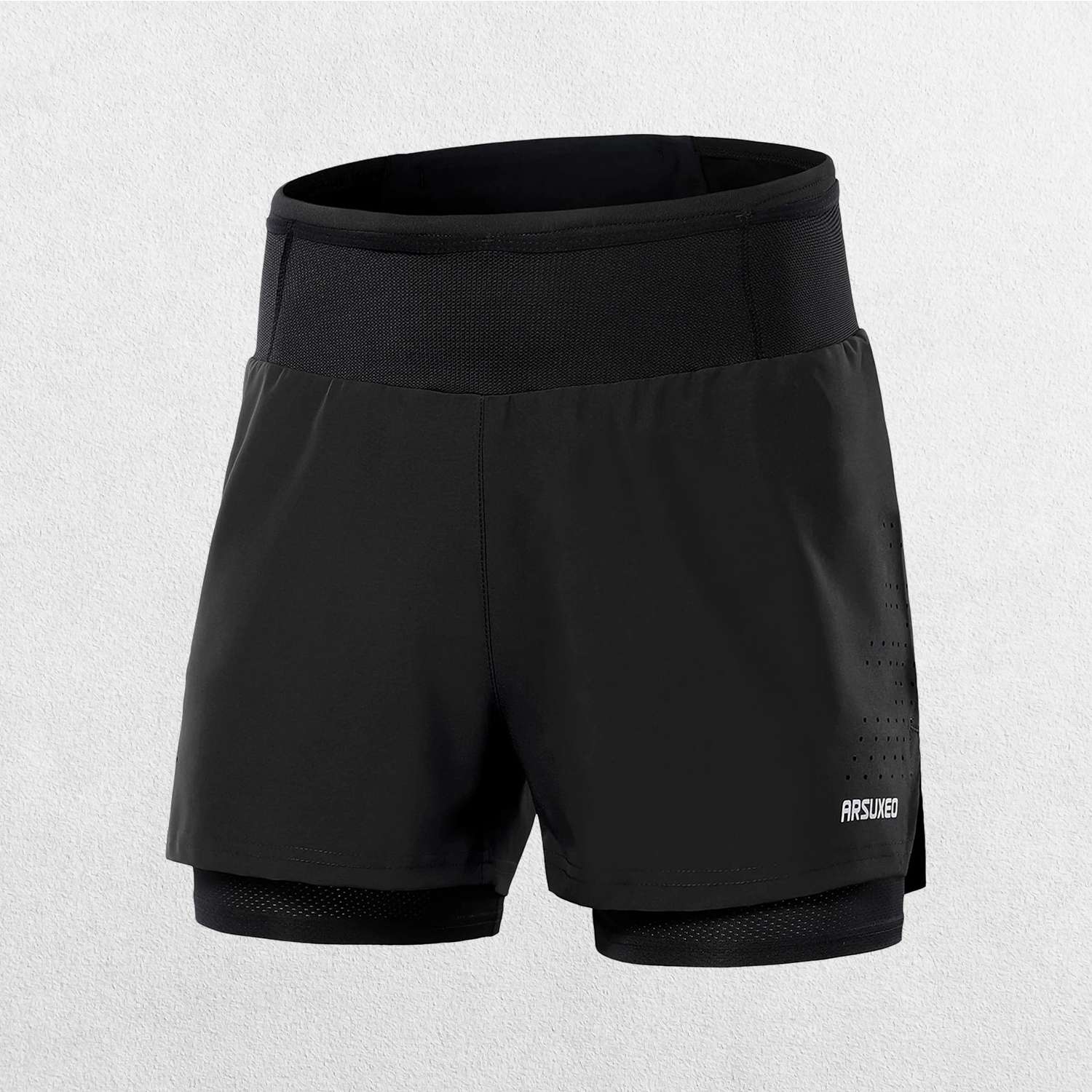 Black GPW Men's 2-in-1 Running Shorts close-up showing dual layers