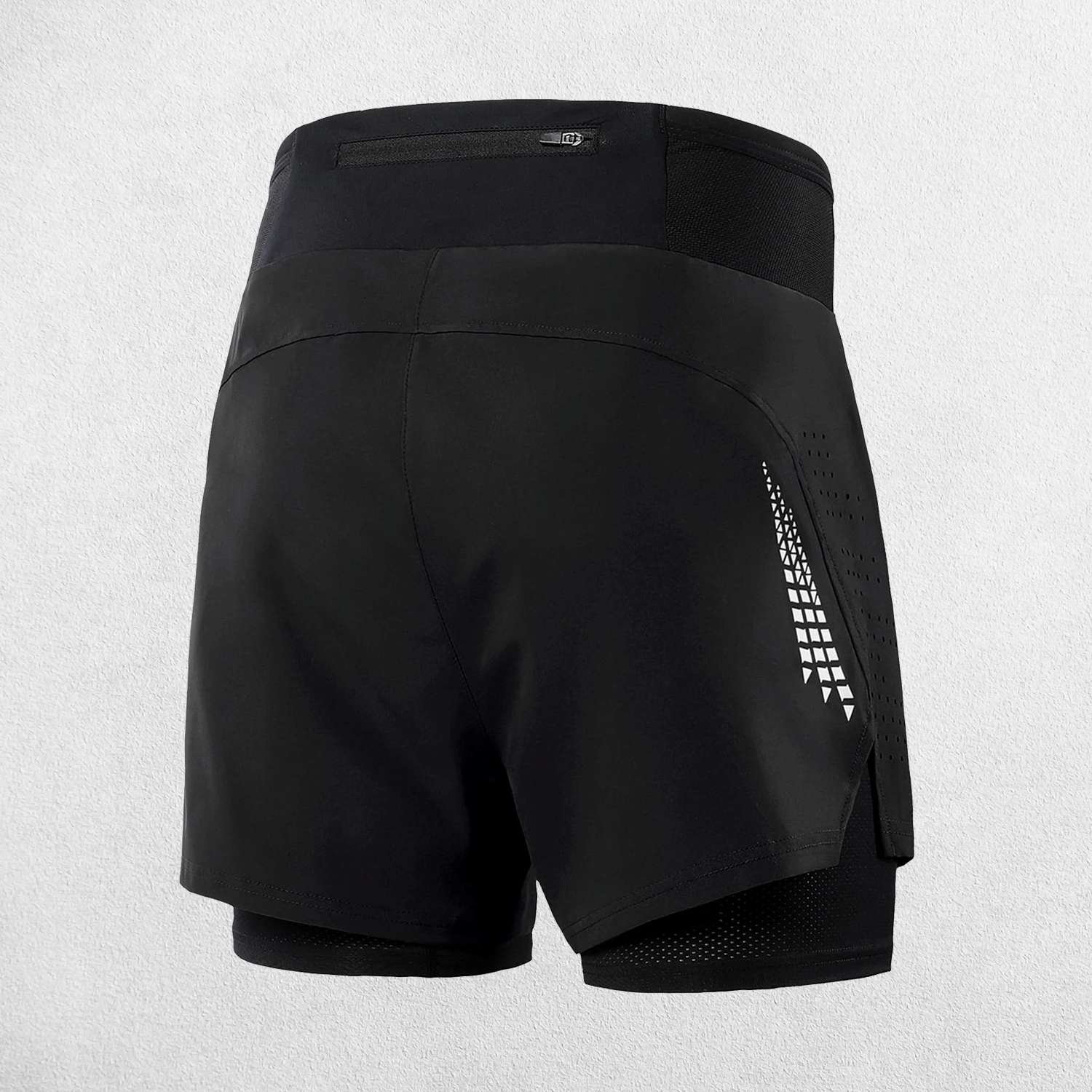 Black GPW Men's 2-in-1 Running Shorts close-up showing dual layers