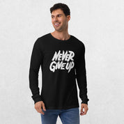 Model wearing the Black GPW Never Give Up Shirt styled with jeans.