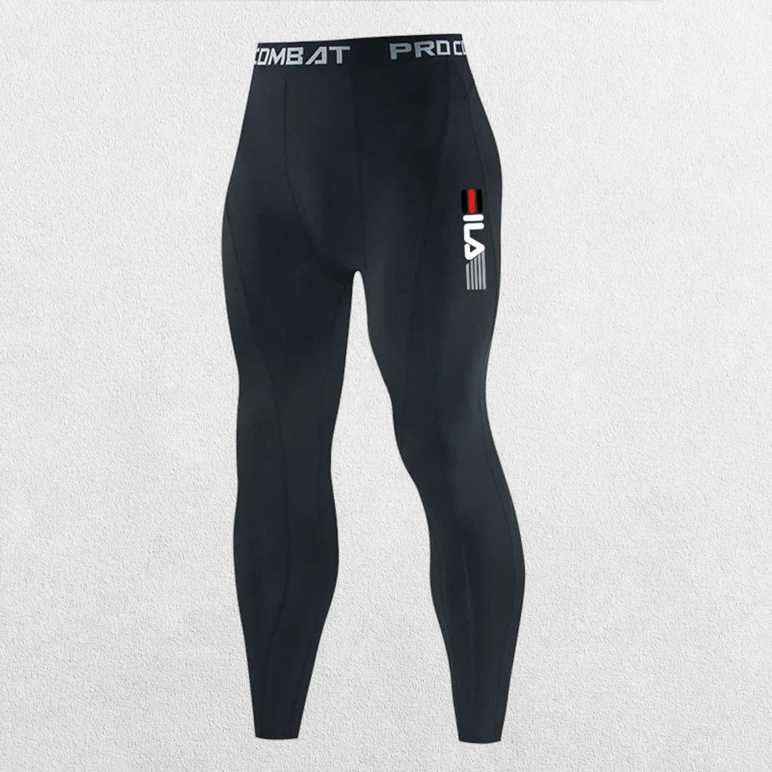 Close-up of Black breathable, moisture-wicking fabric on GPW running leggings for men.