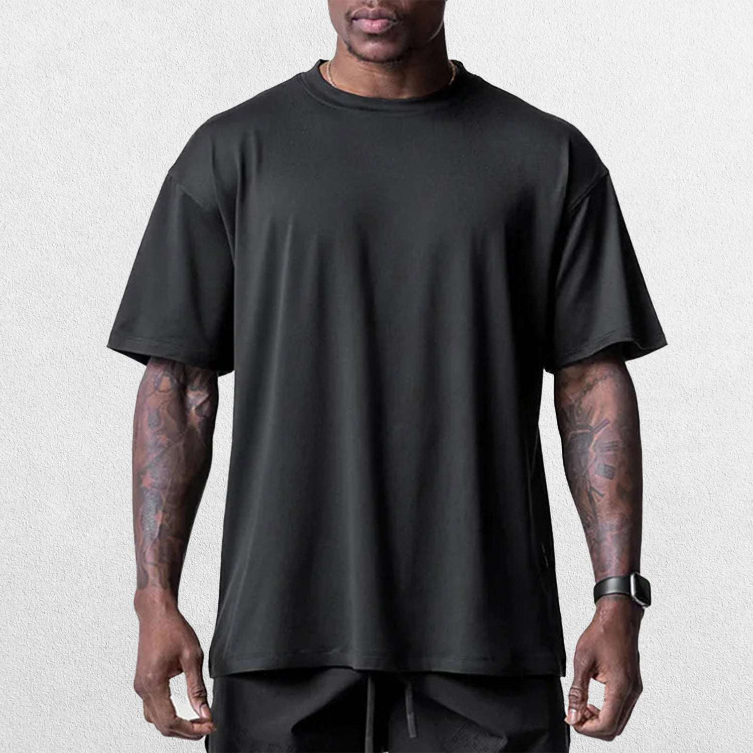 Close-up of Black Grey GPW Men's Summer Quick-Dry Gym Casual Tee in a studio background