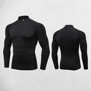 Front And Back view of Black Men’s Compression Turtleneck Long Sleeve Training Tee – Quick-Dry & Stretchable in a studio background