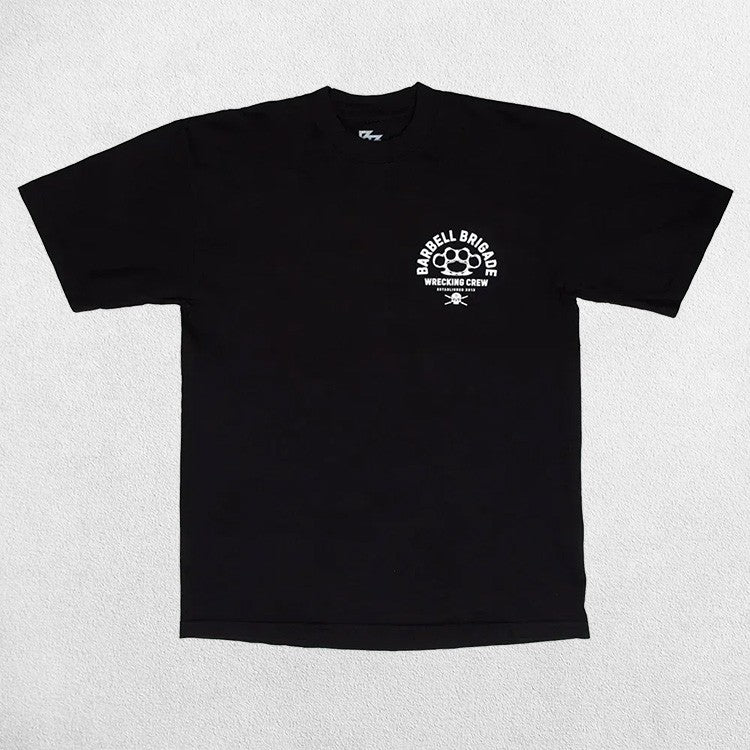Front view of Black Men’s Cotton Bodybuilding Barbell Brigade Print Short Sleeve Muscle Gym Shirt
