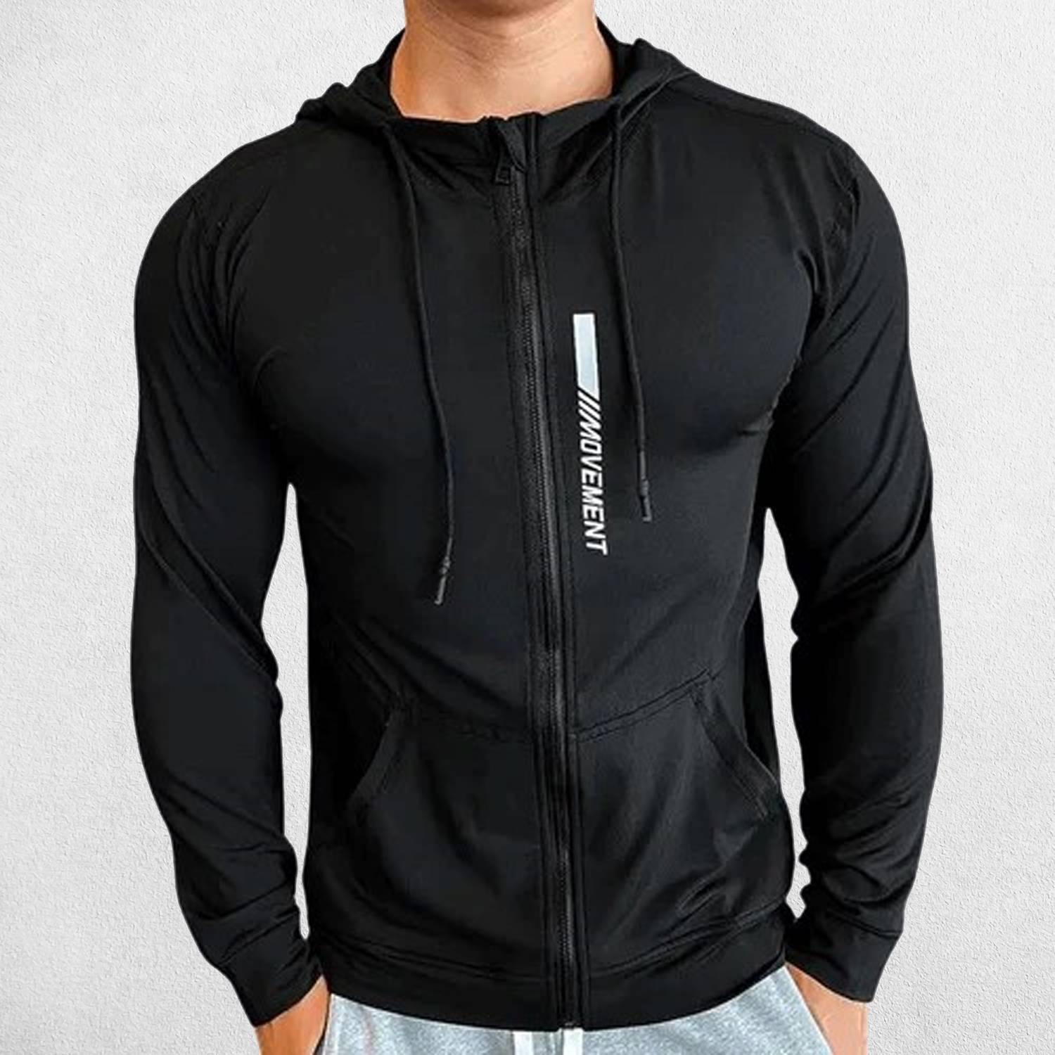 Model wearing Black Men's Elastic Hooded Performance Hoodie Designed for Gym and Running