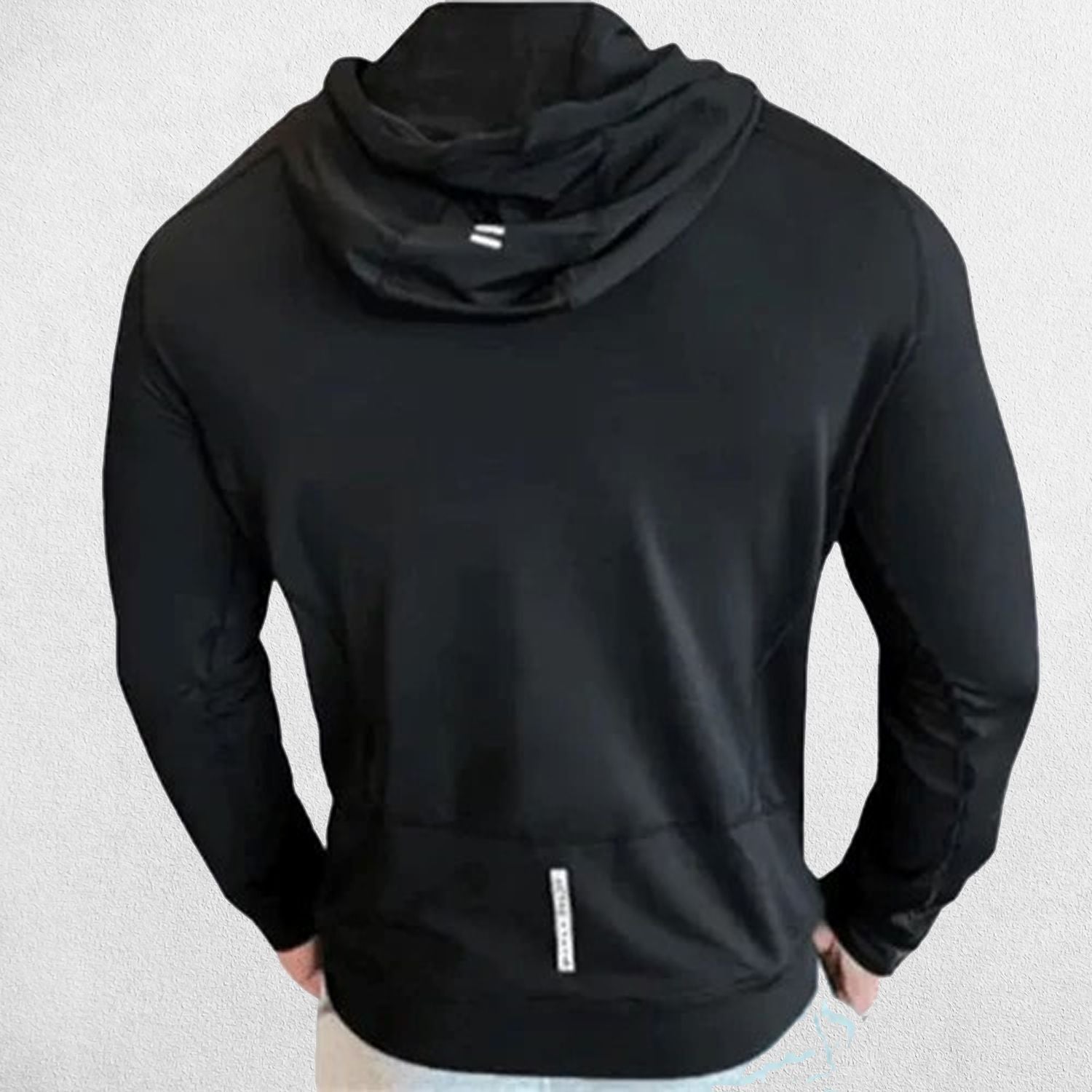 Model wearing Black Men's Elastic Hooded Performance Hoodie Designed for Gym and Running