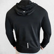 Model wearing Black Men's Elastic Hooded Performance Hoodie Designed for Gym and Running