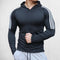 Black Men’s Fitness Running Sport Hoodie – Front view showcasing hooded design and muscle-training fit for gym and outdoor workouts.