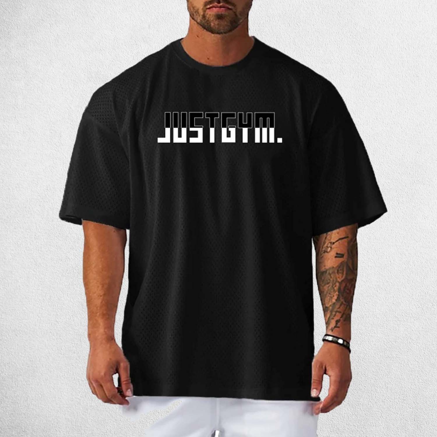 Front View of Model Wearing Black Men’s Short Sleeve Quick Dry Oversized Mesh Gym T-Shirt – Breathable, Quick-Dry Fitness Tee