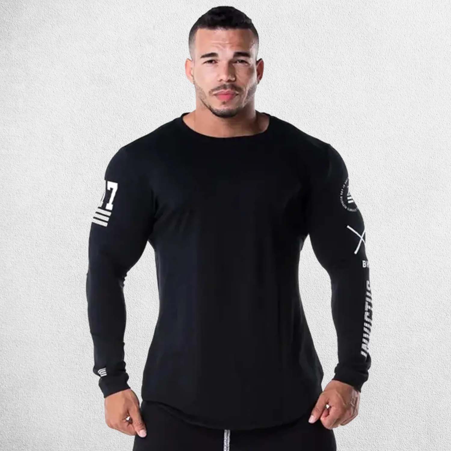 Black Men’s Skinny Long Sleeve Shirt – Front view showcasing fashion print design and slim fit for gym and casual wear.