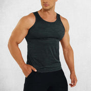 Front View of Model Wearing Black Men’s Sleeveless Breathable & Slim Fit Cotton Tank Top – Gym, Fitness, Casual Wear & Sports Undershirt