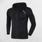 Black Men's quick-drying fitness hoodie with raglan sleeves for enhanced flexibility.
