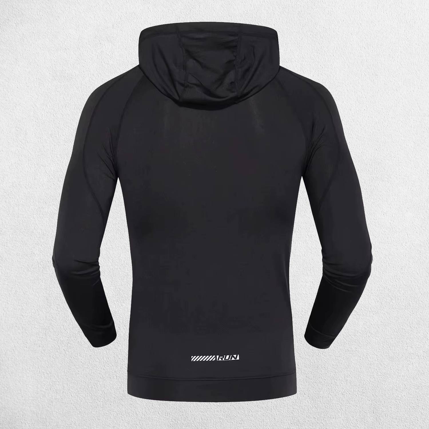Back of Black Men's quick-drying fitness hoodie with raglan sleeves for enhanced flexibility.