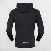 Back of Black Men's quick-drying fitness hoodie with raglan sleeves for enhanced flexibility.