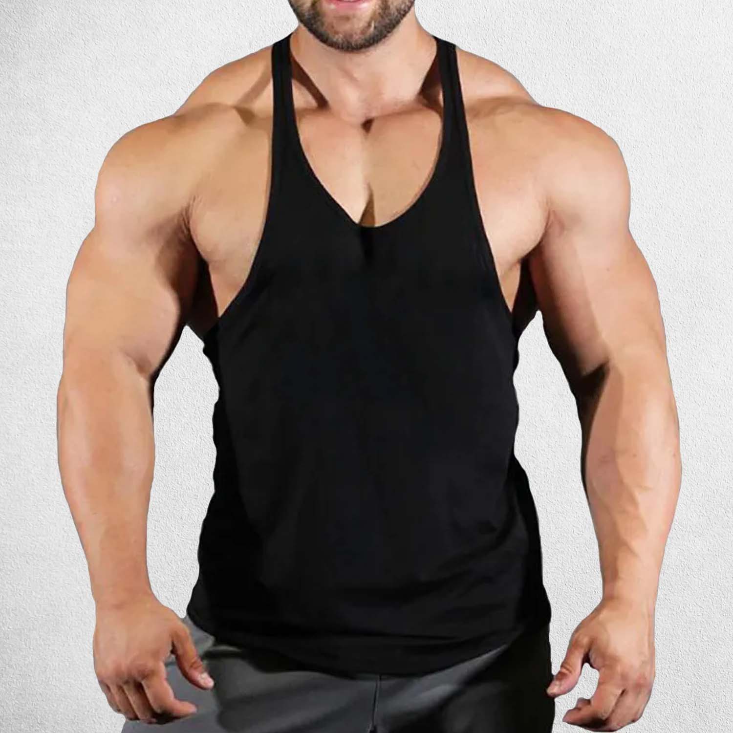 Front View of Model Wearing Black Men's Solid Color Cotton Y-Back Sleeveless Tank Tops for Gym Muscle Training & Athletic Workout