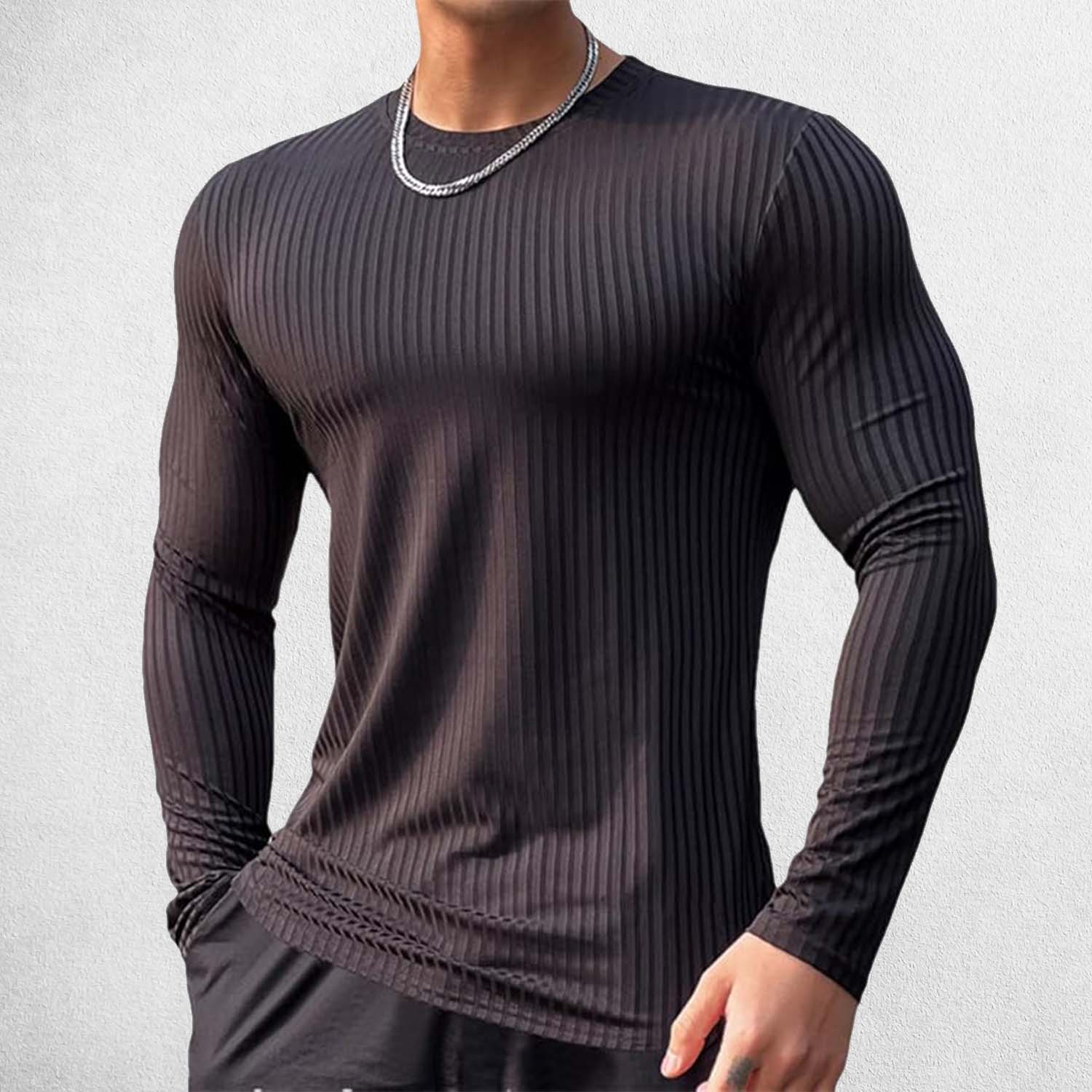 Front View of Model Wearing Black Men’s Solid Color Slim Fit Striped Gym & Casual Long-Sleeve Shirt – Quick-Dry, Breathable Performance Wear