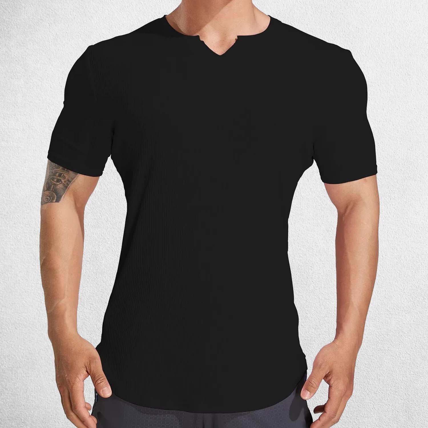 Black Men’s Sport Semi-Tight Fitness T-Shirt – Front view showcasing stretchy fabric and V-neck design for basketball and running.
