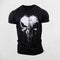 Front View of  Black Men's Stylish O-Neck Short Sleeve Gym T-shirt with 3D Punisher Skull Print Design