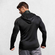 Back of Model wearing Black Men’s Sun Protection Hooded Shirt - UV-Resistant Outdoor Activewear