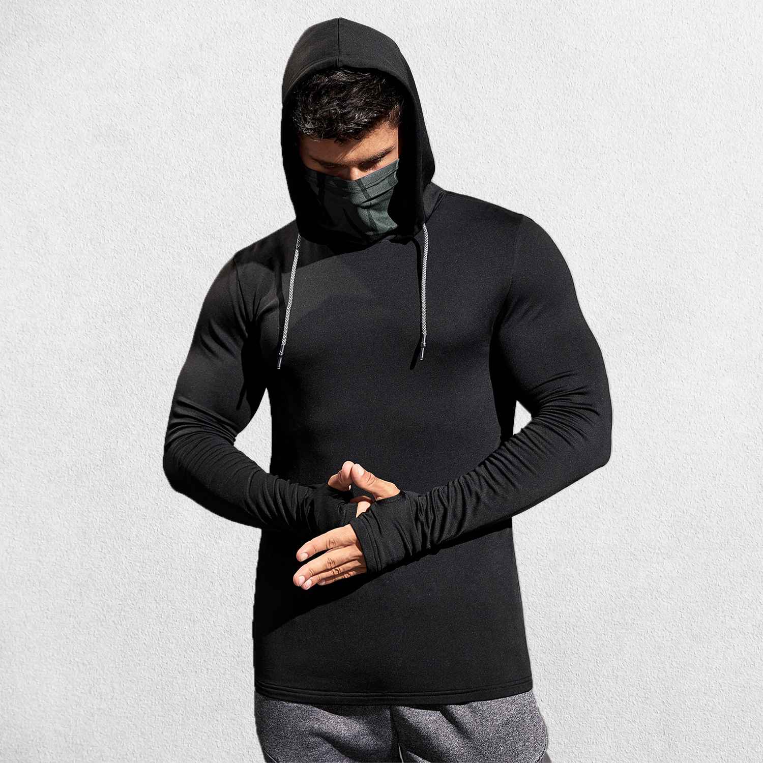 Model wearing Black Men’s Sun Protection Hooded Shirt - UV-Resistant Outdoor Activewear