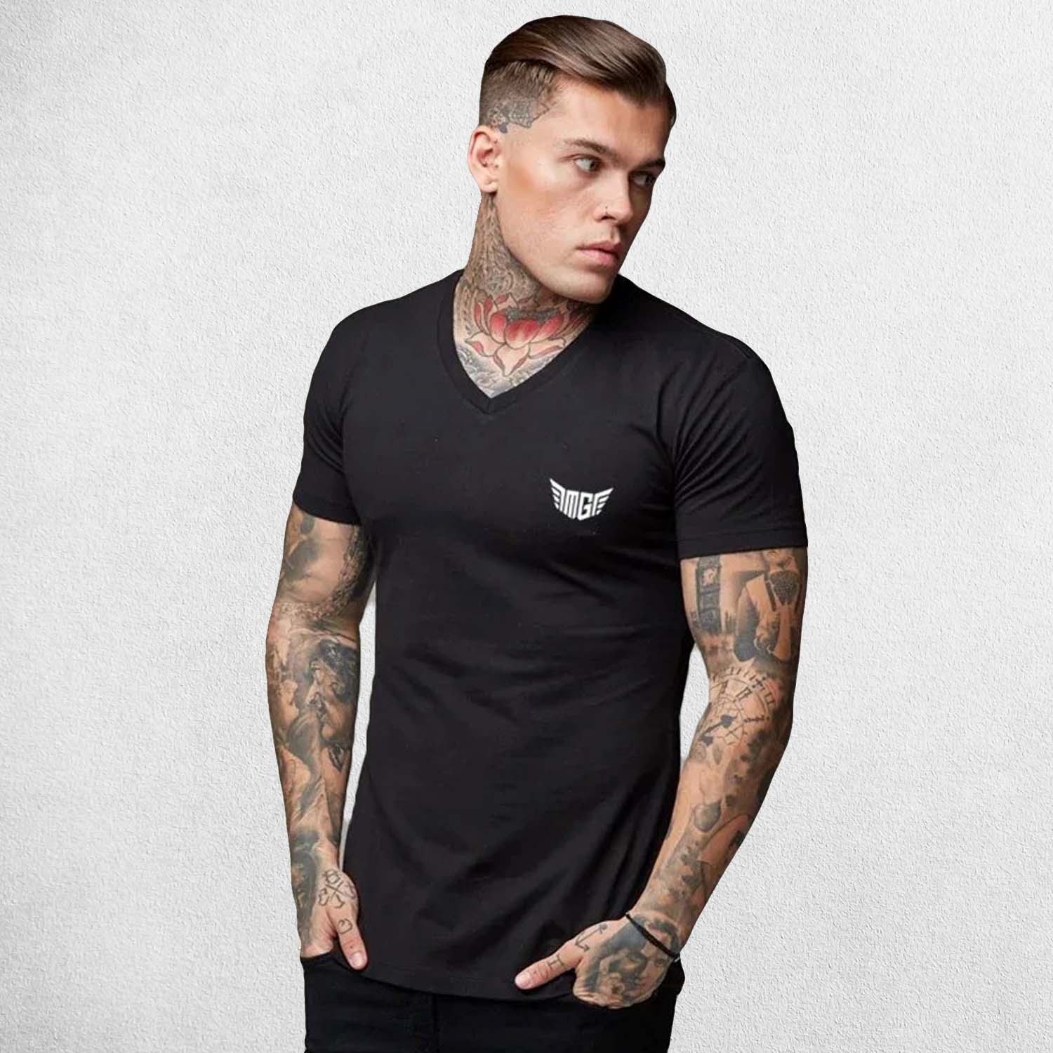 Front View of Model Wearing Black Men’s V-Neck Slim Fit Gym T-Shirt – Breathable, Muscle-Enhancing Cotton Tee for Training & Casual Wear