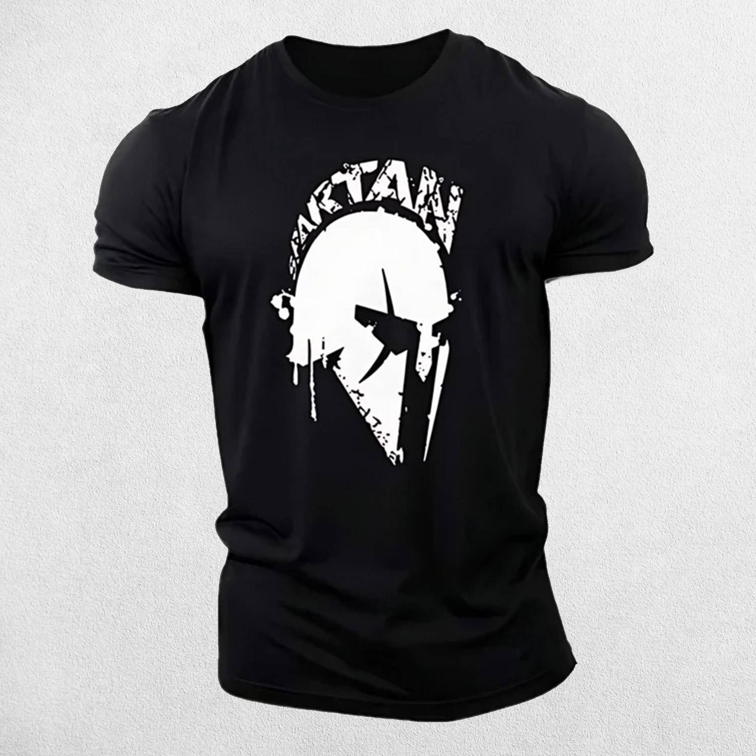 Close-up of Black Vintage Spartan Print Men's Oversized T-Shirt - Breathable Cotton Blend