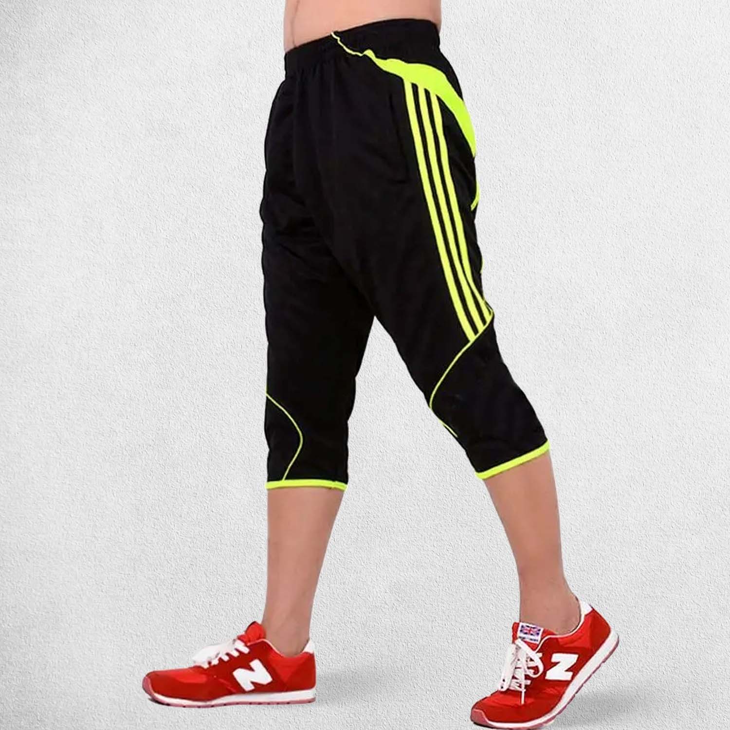 Side View of Model Wearing Black Yellow Men’s Summer Quick-Dry Stylish Striped Designed Athletic Sweatpants for Training & Outdoor Sports