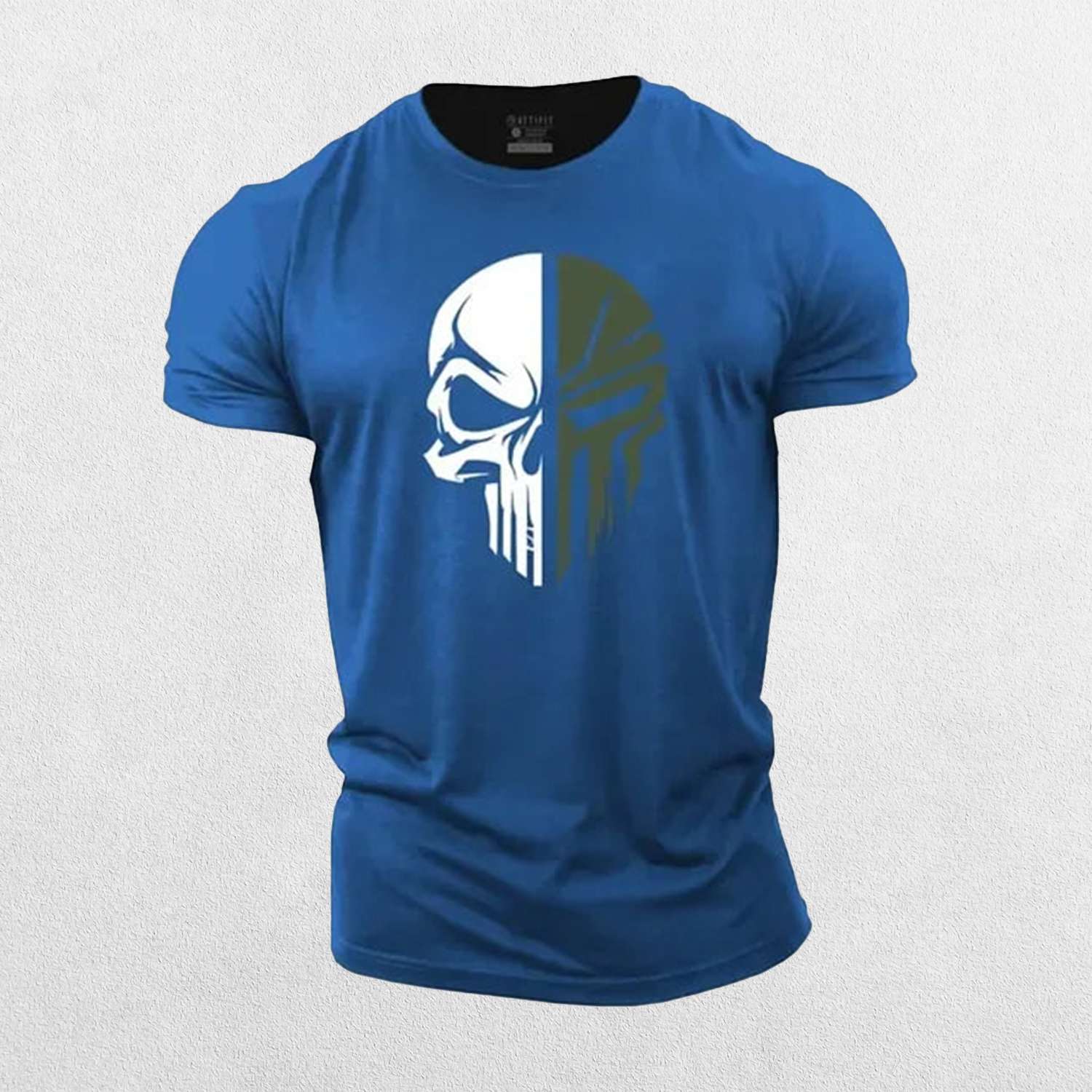 Close-up of Blue GPW Mens Short Sleeve 2D Skull Cotton T-Shirt For Gym And Casual Style in a studio background