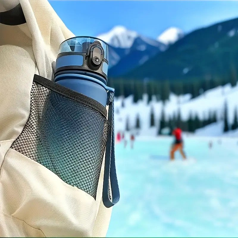 Life Style Image of Blue Green Color Leakproof Sports Water Bottle with Flip-Top Lid & Carry Strap