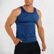 Front View of Model Wearing Blue Men’s Sleeveless Breathable & Slim Fit Cotton Tank Top – Gym, Fitness, Casual Wear & Sports Undershirt