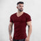 Front View of Model Wearing 
 Burgundy Men’s Slim-Fit Cotton Gym T-Shirt – V-Neck Short Sleeve Workout & Bodybuilding Tee