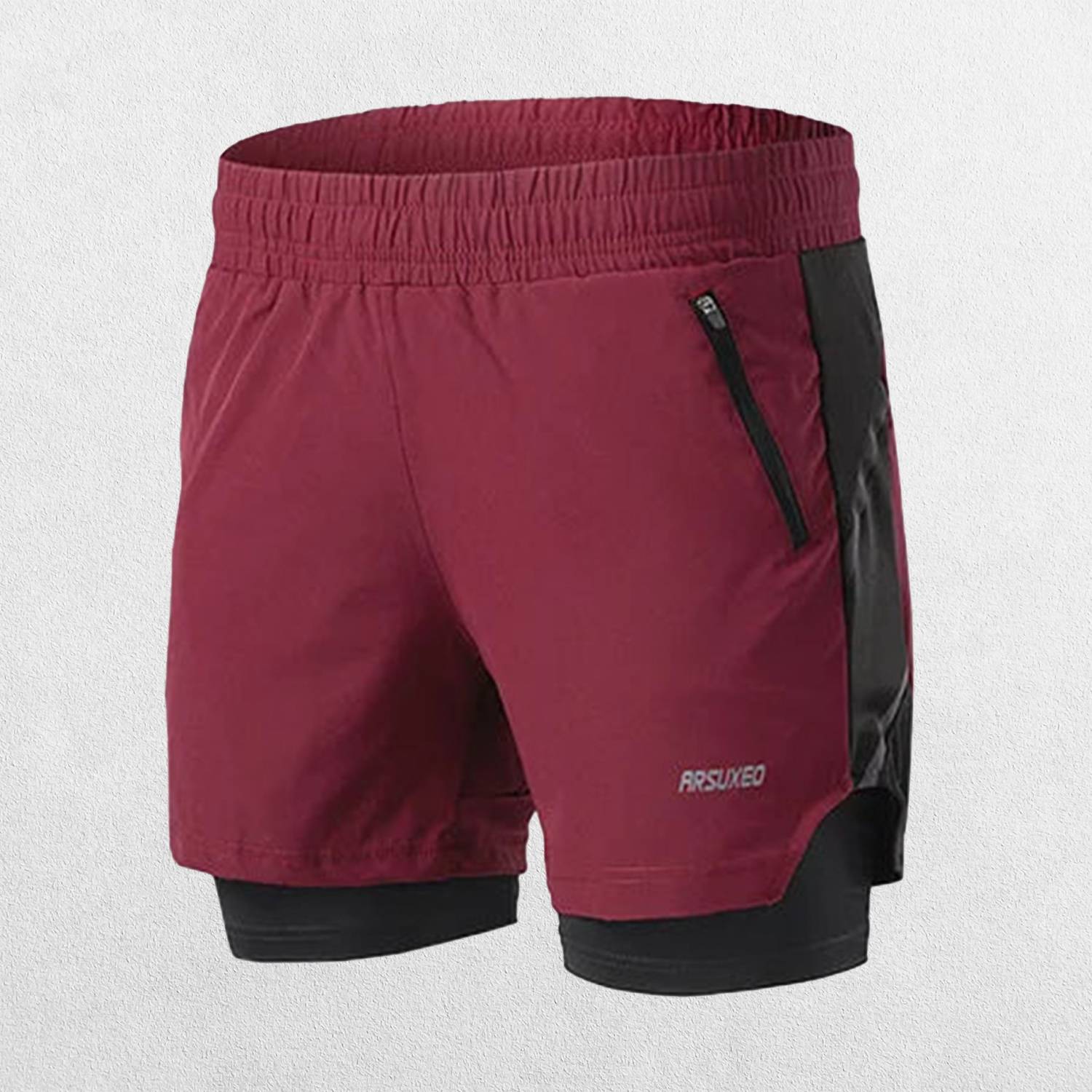 Close-up of Burn Red Men’s Breathable 2-in-1 Gym Shorts with Zipper Pockets & Drawstring Fit in a studio background