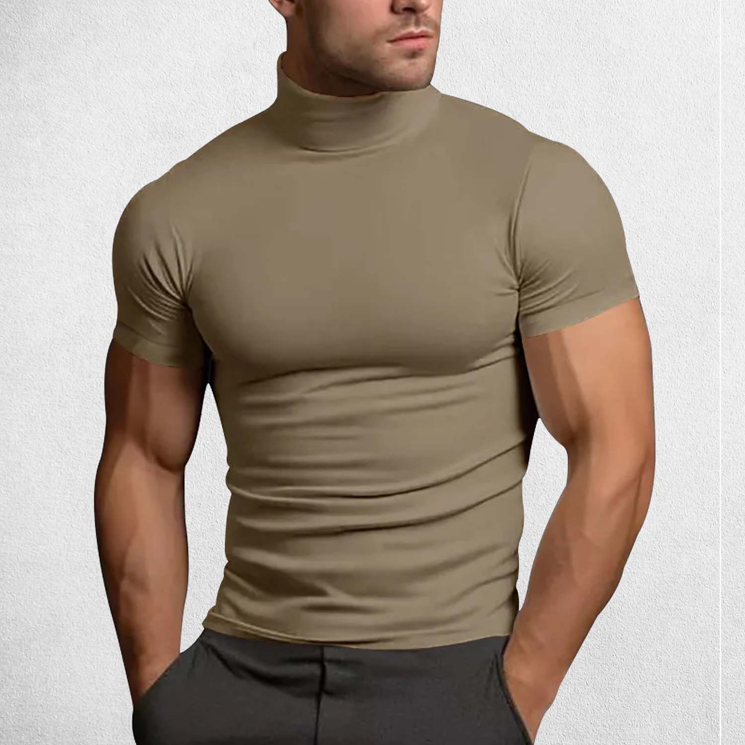 Front view showcasing slim fit and solid Camel color design for summer fitness or casual wear