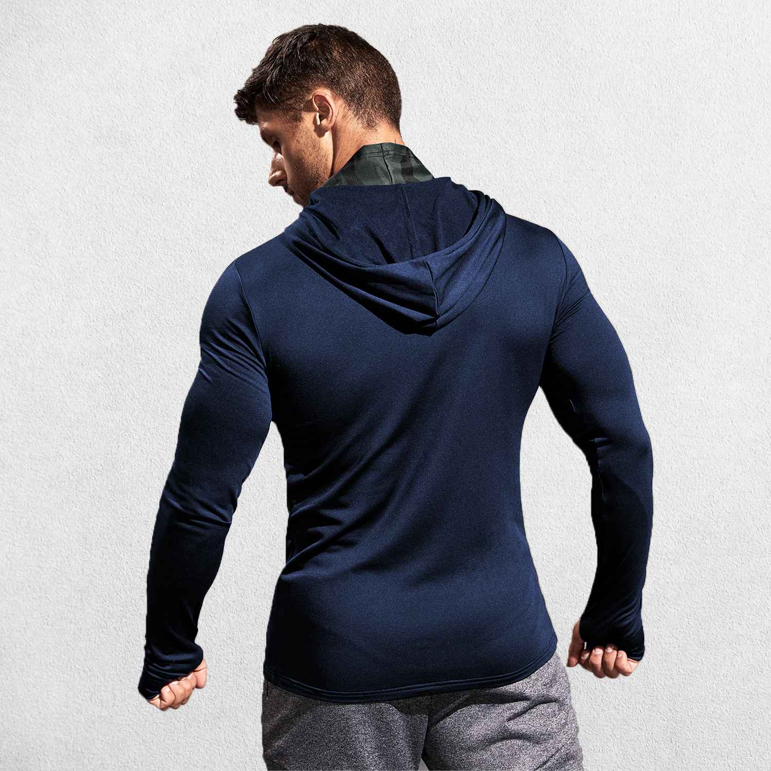 Back of Model wearing Dark Blue Men’s Sun Protection Hooded Shirt - UV-Resistant Outdoor Activewear