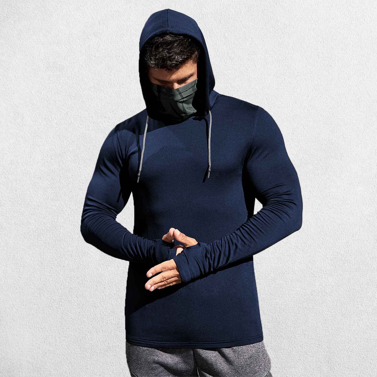 Model wearing Dark Blue Men’s Sun Protection Hooded Shirt - UV-Resistant Outdoor Activewear