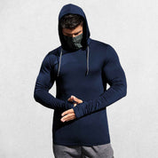 Model wearing Dark Blue Men’s Sun Protection Hooded Shirt - UV-Resistant Outdoor Activewear