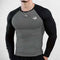 Close Up of  Model Wearing Dark Grey Black Men's Compression Quick-Dry Long Sleeve T-Shirt – Tight-Fit Gym & Running Sportswear for Training & Fitness