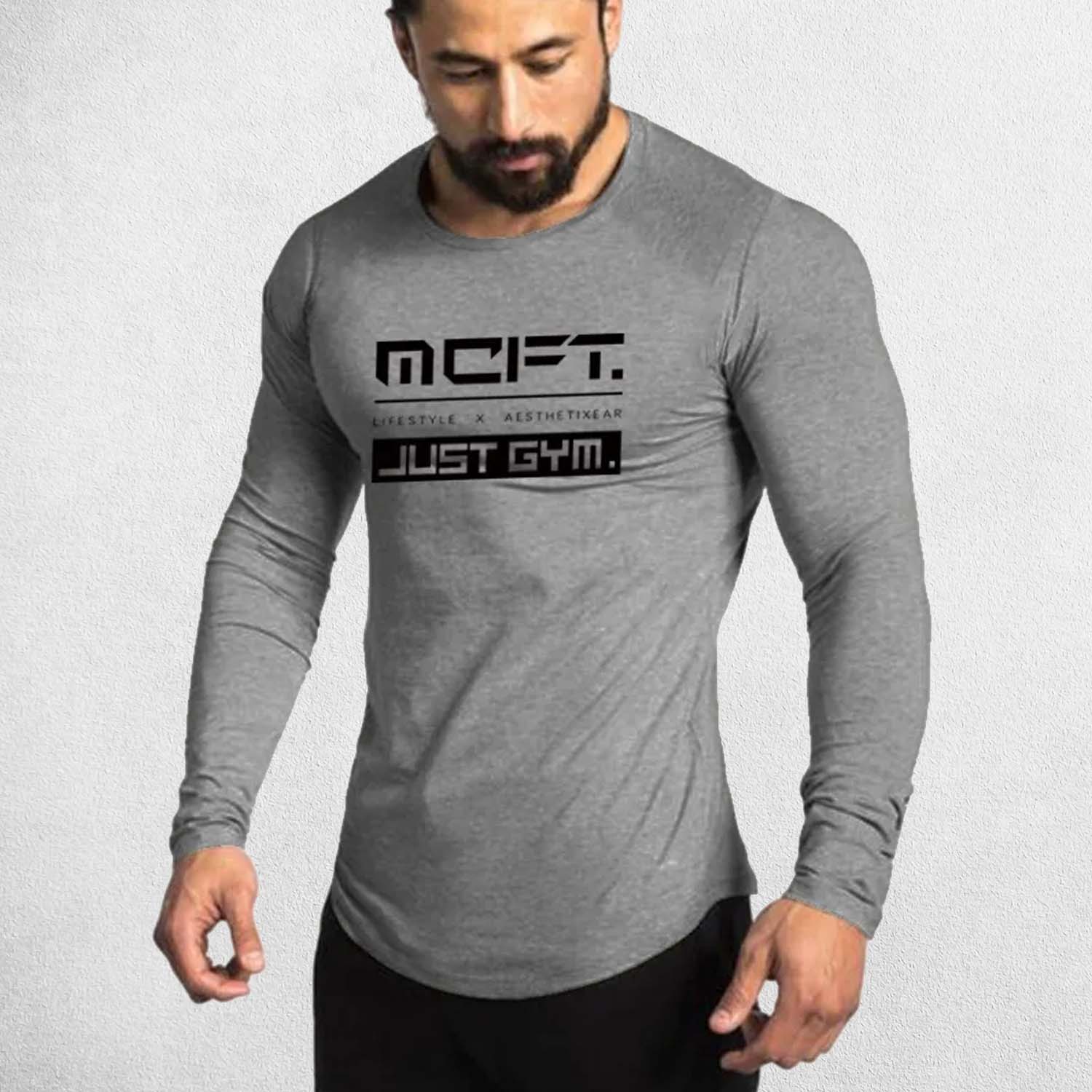 Model Wearing Dark Grey Men’s Bodybuilding Autumn and Winter Muscle Guys Fitness Cotton Long Sleeve T-Shirt